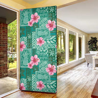 Cyan Hawaii Hibiscus With Tropical Flowers Motifs Door Cover - Polynesian Pride