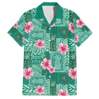 Cyan Hawaii Hibiscus With Tropical Flowers Motifs Family Matching Long Sleeve Bodycon Dress and Hawaiian Shirt LT14 Dad's Shirt - Short Sleeve Cyan - Polynesian Pride