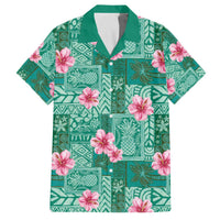 Cyan Hawaii Hibiscus With Tropical Flowers Motifs Family Matching Off The Shoulder Long Sleeve Dress and Hawaiian Shirt LT14 Dad's Shirt - Short Sleeve Cyan - Polynesian Pride