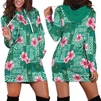 Cyan Hawaii Hibiscus With Tropical Flowers Motifs Hoodie Dress - Polynesian Pride