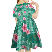 Cyan Hawaii Hibiscus With Tropical Flowers Motifs Kid Short Sleeve Dress LT14 - Polynesian Pride