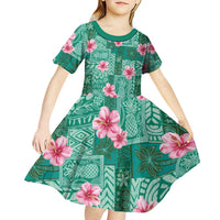 Cyan Hawaii Hibiscus With Tropical Flowers Motifs Kid Short Sleeve Dress LT14 - Polynesian Pride