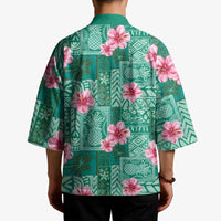 Cyan Hawaii Hibiscus With Tropical Flowers Motifs Kimono - Polynesian Pride