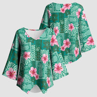 Cyan Hawaii Hibiscus With Tropical Flowers Motifs Kimono Sleeve Blouse - Polynesian Pride