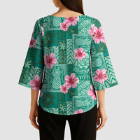 Cyan Hawaii Hibiscus With Tropical Flowers Motifs Kimono Sleeve Blouse - Polynesian Pride