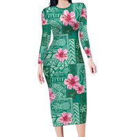 Cyan Hawaii Hibiscus With Tropical Flowers Motifs Long Sleeve Bodycon Dress - Polynesian Pride
