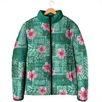 Cyan Hawaii Hibiscus With Tropical Flowers Motifs Padded Jacket - Polynesian Pride