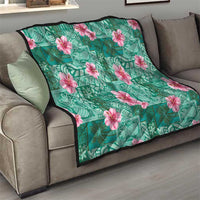 Cyan Hawaii Hibiscus With Tropical Flowers Motifs Quilt - Polynesian Pride