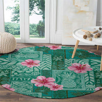 Cyan Hawaii Hibiscus With Tropical Flowers Motifs Round Carpet - Polynesian Pride
