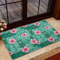 Cyan Hawaii Hibiscus With Tropical Flowers Motifs Rubber Doormat LT14 - Polynesian Pride