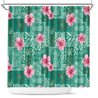 Cyan Hawaii Hibiscus With Tropical Flowers Motifs Shower Curtain - Polynesian Pride