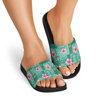 Cyan Hawaii Hibiscus With Tropical Flowers Motifs Slide Sandals - Polynesian Pride