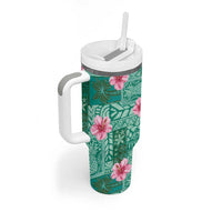 Cyan Hawaii Hibiscus With Tropical Flowers Motifs Tumbler With Handle - Polynesian Pride