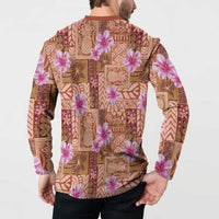 Orange Hawaii Hibiscus With Tropical Flowers Motifs Button Sweatshirt - Polynesian Pride