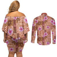 Orange Hawaii Hibiscus With Tropical Flowers Motifs Couples Matching Off Shoulder Short Dress and Long Sleeve Button Shirt - Polynesian Pride