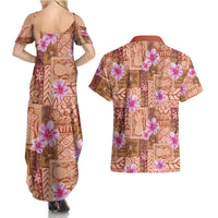Orange Hawaii Hibiscus With Tropical Flowers Motifs Couples Matching Summer Maxi Dress and Hawaiian Shirt - Polynesian Pride