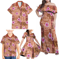 Orange Hawaii Hibiscus With Tropical Flowers Motifs Family Matching Off Shoulder Maxi Dress and Hawaiian Shirt - Polynesian Pride