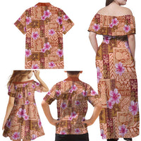 Orange Hawaii Hibiscus With Tropical Flowers Motifs Family Matching Off Shoulder Maxi Dress and Hawaiian Shirt - Polynesian Pride