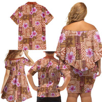 Orange Hawaii Hibiscus With Tropical Flowers Motifs Family Matching Off Shoulder Short Dress and Hawaiian Shirt - Polynesian Pride