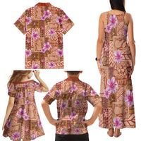 Orange Hawaii Hibiscus With Tropical Flowers Motifs Family Matching Tank Maxi Dress and Hawaiian Shirt - Polynesian Pride