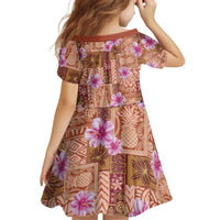 Orange Hawaii Hibiscus With Tropical Flowers Motifs Kid Short Sleeve Dress - Polynesian Pride