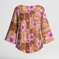Orange Hawaii Hibiscus With Tropical Flowers Motifs Kimono Sleeve Blouse - Polynesian Pride