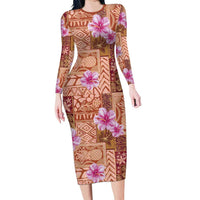 Orange Hawaii Hibiscus With Tropical Flowers Motifs Long Sleeve Bodycon Dress - Polynesian Pride