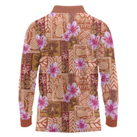 Orange Hawaii Hibiscus With Tropical Flowers Motifs Long Sleeve Polo Shirt - Polynesian Pride