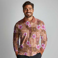 Orange Hawaii Hibiscus With Tropical Flowers Motifs Long Sleeve Polo Shirt - Polynesian Pride