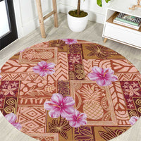 Orange Hawaii Hibiscus With Tropical Flowers Motifs Round Carpet - Polynesian Pride