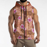 Orange Hawaii Hibiscus With Tropical Flowers Motifs Sleeveless Zip Hoodie LT14 - Polynesian Pride