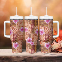 Orange Hawaii Hibiscus With Tropical Flowers Motifs Tumbler With Handle - Polynesian Pride