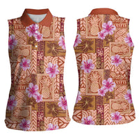 Orange Hawaii Hibiscus With Tropical Flowers Motifs Women Sleeveless Polo Shirt - Polynesian Pride