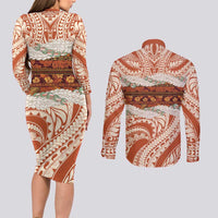 Aloha Hawaii Mikioi Lei Couples Matching Long Sleeve Bodycon Dress and Long Sleeve Button Shirt Beige Tropical Flower Pattern LT14 - Polynesian Pride