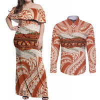 Aloha Hawaii Mikioi Lei Couples Matching Off Shoulder Maxi Dress and Long Sleeve Button Shirt Beige Tropical Flower Pattern LT14 Beige - Polynesian Pride