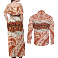 Aloha Hawaii Mikioi Lei Couples Matching Off Shoulder Maxi Dress and Long Sleeve Button Shirt Beige Tropical Flower Pattern LT14 - Polynesian Pride