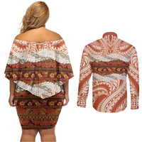 Aloha Hawaii Mikioi Lei Couples Matching Off Shoulder Short Dress and Long Sleeve Button Shirt Beige Tropical Flower Pattern LT14 - Polynesian Pride