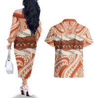 Aloha Hawaii Mikioi Lei Couples Matching Off The Shoulder Long Sleeve Dress and Hawaiian Shirt Beige Tropical Flower Pattern LT14 - Polynesian Pride