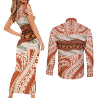 Aloha Hawaii Mikioi Lei Couples Matching Short Sleeve Bodycon Dress and Long Sleeve Button Shirt Beige Tropical Flower Pattern LT14 - Polynesian Pride