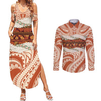 Aloha Hawaii Mikioi Lei Couples Matching Summer Maxi Dress and Long Sleeve Button Shirt Beige Tropical Flower Pattern LT14 Beige - Polynesian Pride