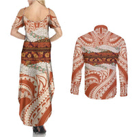 Aloha Hawaii Mikioi Lei Couples Matching Summer Maxi Dress and Long Sleeve Button Shirt Beige Tropical Flower Pattern LT14 - Polynesian Pride