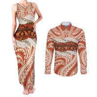 Aloha Hawaii Mikioi Lei Couples Matching Tank Maxi Dress and Long Sleeve Button Shirt Beige Tropical Flower Pattern LT14 Beige - Polynesian Pride