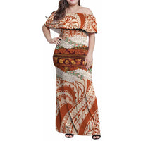 Aloha Hawaii Mikioi Lei Family Matching Off Shoulder Maxi Dress and Hawaiian Shirt Beige Tropical Flower Pattern LT14 Mom's Dress Beige - Polynesian Pride