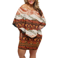 Aloha Hawaii Mikioi Lei Family Matching Off Shoulder Short Dress and Hawaiian Shirt Beige Tropical Flower Pattern LT14 Mom's Dress Beige - Polynesian Pride
