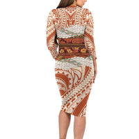 Aloha Hawaii Mikioi Lei Long Sleeve Bodycon Dress Beige Tropical Flower Pattern - Polynesian Pride