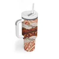 Aloha Hawaii Mikioi Lei Tumbler With Handle Beige Tropical Flower Pattern - Polynesian Pride