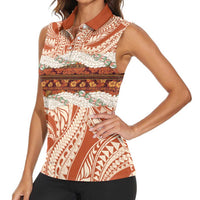 Aloha Hawaii Mikioi Lei Women Sleeveless Polo Shirt Beige Tropical Flower Pattern - Polynesian Pride