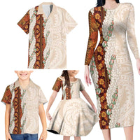 Aloha Hawaii Mikioi Lei Family Matching Long Sleeve Bodycon Dress and Hawaiian Shirt Cattail Red Tropical Flower Pattern - Polynesian Pride