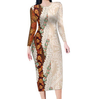 Aloha Hawaii Mikioi Lei Long Sleeve Bodycon Dress Cattail Red Tropical Flower Pattern LT14 Long Dress Cattail Red - Polynesian Pride