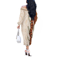 Aloha Hawaii Mikioi Lei Off The Shoulder Long Sleeve Dress Cattail Red Tropical Flower Pattern - Polynesian Pride